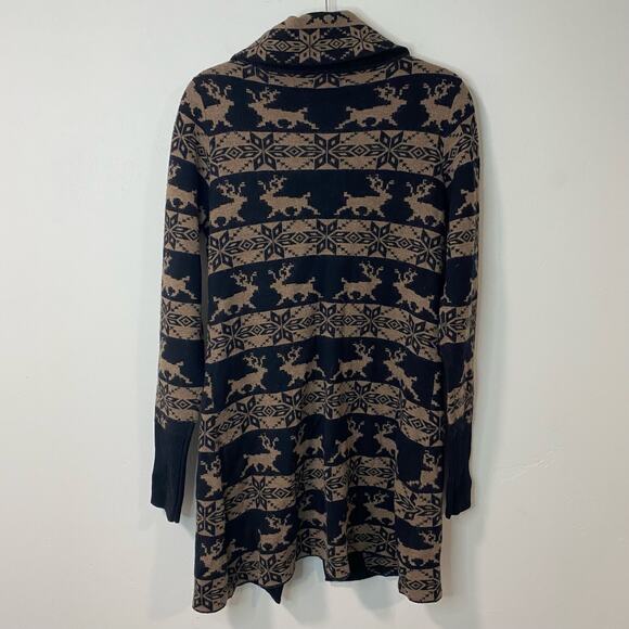Neve Women's Sweater Coat Brown Black Merino Wool Toggle Buttons Deer Printed M - Picture 4 of 8